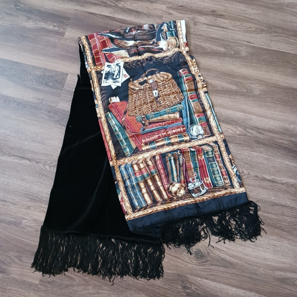 Vintage Wathne Scarf Tassels Library‎ Books Duck Decoys Fishing Reels 16" x 65"